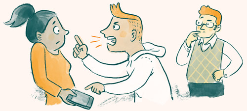 Illustration zeigt einen Mann der eine Frau anschreit und auf ihr Smartphone zeigt. Ein Mann steht im Hintergrund und beobachtet die beiden.