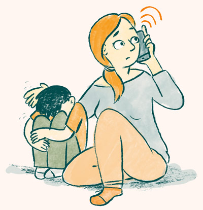 Illustration zeigt eine Frau die telefoniert und ein trauriges Kind tröstet
